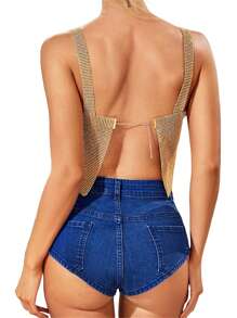 Women's Sparkly Sequin Wide Strap Crop Top Sleeveless V Neck Rave Tank Vest Clubwear - 金色 - 查看 5