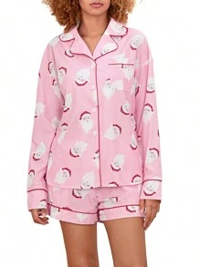 Women's 2 Piece Lounge Set Long Sleeve Santa Claus Print Shirt Shorts Sleepwear Sets