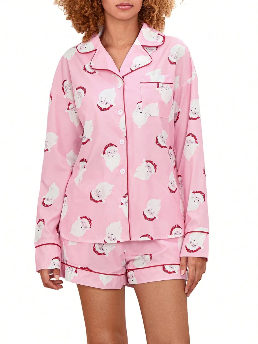 Women's 2 Piece Lounge Set Long Sleeve Santa Claus Print Shirt Shorts Sleepwear Sets
