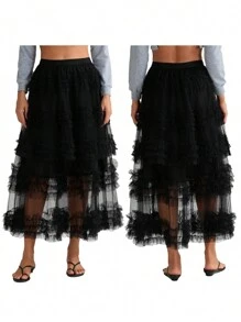 Women's Tulle A-Line Long Skirt High Waist Sheer Mesh Tiered Ruffled Skirt For Summer, Spring - Black - View 2