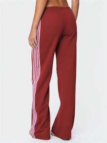 Womens Drawstring Sweatpants Side Striped Elastic Waistband Casual Long Pants - Red - View 3