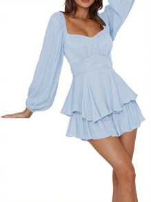 Women Puff Long Sleeve Romper Off Shoulder Ruffle Flowy Short Jumpsuit Layered Pirate Dress With Shorts Playsuit - Baby Blue - View 3