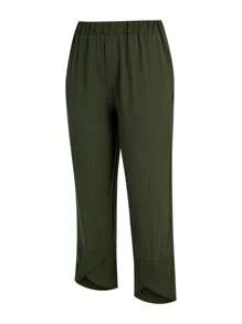 Women Summer Ninth Pants Solid Color Middle Waist Loose Casual Trousers With Pockets For Girls, 5 Colors, S-5XL - 軍綠色 - 查看 10