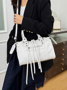 1 Pc White Splicing Rivets Inlaid Metal Zip Tassel Zip Decoration Retro PU Material Double Handles Adjustable Long Shoulder Strap Design Zip Closure Fashion Retro Sweet Cool Style Biker Bag Y2K Punk Style Square Bag Ladies Tote Bag Casual Quiet Luxury Style Ladies Slant Shoulder Bag Suitable For Daily Commuting Work Shopping Shopping And Other Use