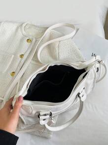 1 Pc White Splicing Rivets Inlaid Metal Zip Tassel Zip Decoration Retro PU Material Double Handles Adjustable Long Shoulder Strap Design Zip Closure Fashion Retro Sweet Cool Style Biker Bag Y2K Punk Style Square Bag Ladies Tote Bag Casual Quiet Luxury Style Ladies Slant Shoulder Bag Suitable For Daily Commuting Work Shopping Shopping And Other Use