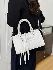 1 Pc White Splicing Rivets Inlaid Metal Zip Tassel Zip Decoration Retro PU Material Double Handles Adjustable Long Shoulder Strap Design Zip Closure Fashion Retro Sweet Cool Style Biker Bag Y2K Punk Style Square Bag Ladies Tote Bag Casual Quiet Luxury Style Ladies Slant Shoulder Bag Suitable For Daily Commuting Work Shopping Shopping And Other Use