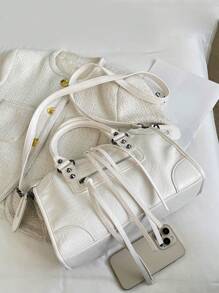 1 Pc White Splicing Rivets Inlaid Metal Zip Tassel Zip Decoration Retro PU Material Double Handles Adjustable Long Shoulder Strap Design Zip Closure Fashion Retro Sweet Cool Style Biker Bag Y2K Punk Style Square Bag Ladies Tote Bag Casual Quiet Luxury Style Ladies Slant Shoulder Bag Suitable For Daily Commuting Work Shopping Shopping And Other Use