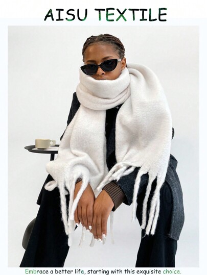 1pc Women's Fuzzy Long Scarf With Tassel For Winter Solid Sky Blue Color Big&Thick WrapOversize Warm Blanket Scarf