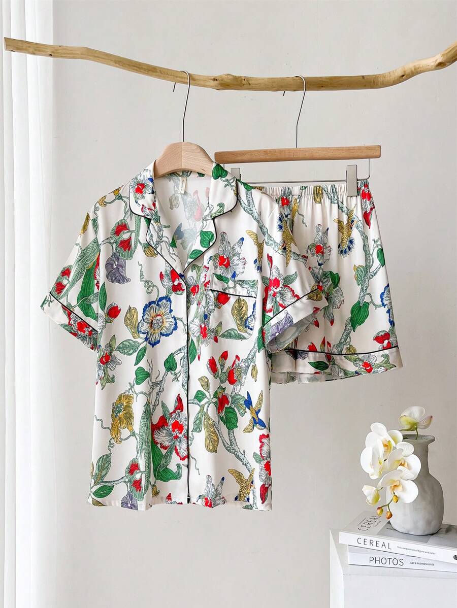 2 pezzi/set Pigiama estivo donna con stampa di piante, maniche corte e pantaloncini, set di pigiami leggeri per primavera/estate