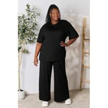 Double Take Full Size Round Neck Slit Top And Pants Set - Black - View 11
