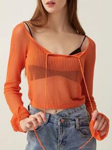 Womens Knit Crop Tops Fashion Long Sleeve Tie-Up Front Solid Color T-Shirts Crochet Tops - 橘色 - 查看 3