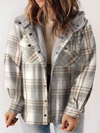 Abrigo con capucha con botones a presión, forro de peluche y estampado de cuadros, talla grande, ropa de otoño/invierno para mujer