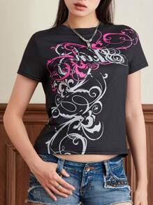 Women's Slim Gothic Tops Retro Abstract Print Short Sleeve Round-Neck Grunge T-Shirts Streetwear