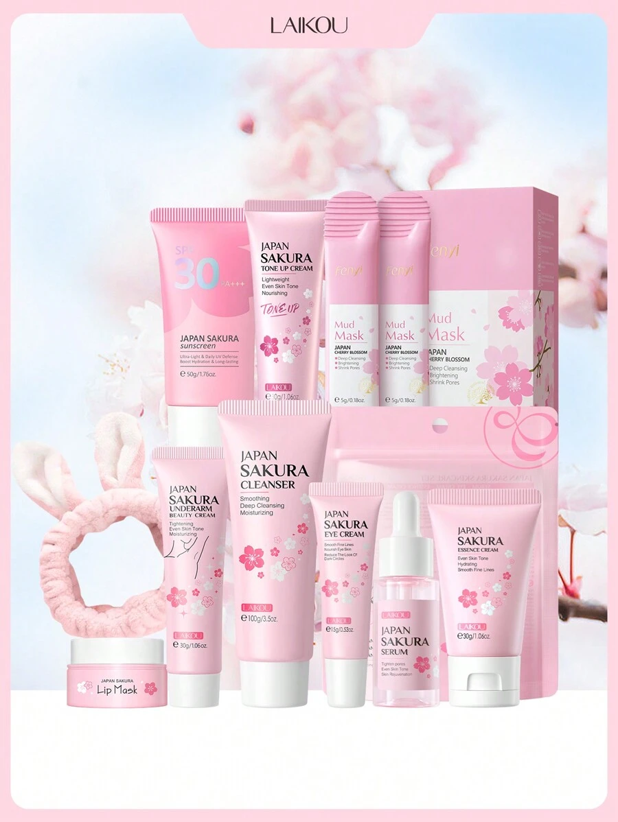 1 Set Skin Repair Skincare Set,(Octopus Facial Brush & Hair Band & Japan Sakura Lip Mask 8g & Japan Sakura Cleanser 100g & Japan Cherry Blossom Mud Mask 5g*20 & Japan Sakura Tone Up Cream 30g & Japan Sakura Underarm Beauty Cream 30g & Japan Sakura Skincare Set Three Pieces Set (17ml Essence Liquid+15g Eye Cream+30g Essence Cream) & Japan Sakura Sunscreen SPF30+ 50g)For Women, Mom, Wife, Sister, Teen, Girl Friend - 9件套裝 - 查看 1