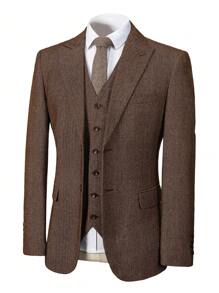 Mens Herringbone Tweed Suit 3 Piece Suit Two Buttons Wool Suits 1920's Themed Wedding Suit Prom Tuxedos Blazer Dress Formal Business Party Jacket Vest Waistcoat For Groom - màu nâu - Xem 3