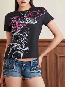 Women's Slim Gothic Tops Retro Abstract Print Short Sleeve Round-Neck Grunge T-Shirts Streetwear
