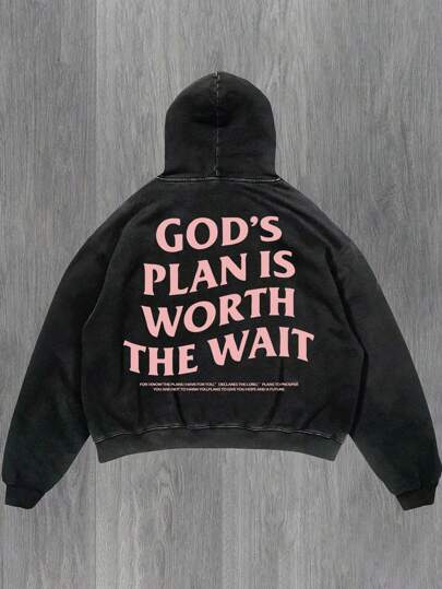 男士复古做旧字母印花口袋连帽衫，秋季款，长袖上衣