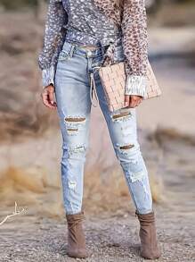 女式秋季低腰破洞休闲紧身裤 - 藍色 - 查看 7