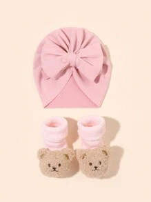2件装 1-6个月婴儿加厚卡通熊毛绒针织帽和袜子套装，新生儿可爱保暖抓绒帽袜套装，秋冬季 - 彩色 - 查看 8