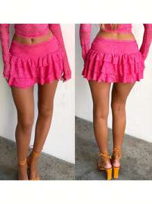 Women Mini Skirt Low Waist Lace Skirt Pleated Summer Layered Skirt For Club Party - Màu Hồng Tươi - Xem 2