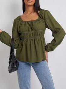 Women Solid Color Blouses Scoop Neck Ladder-Lace Trim Long Sleeve Shirts Spring Fall Casual Slim Fit Tops - Green - View 4