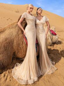 Faeriesty 奢华珠饰V领美人鱼晚礼服，勾勒优美身形，拖尾曳地 | 适合红毯活动、正式宴会、奢华婚礼、黑领结晚宴、慈善晚会等场合的优雅春假礼服 - 香檳色 - 查看 9