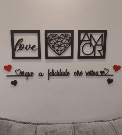 Kit 3 Quadros Decorativos + Frase Com 2 Mini Apliques de Coração Frase de Parede Quarto Ou Sala