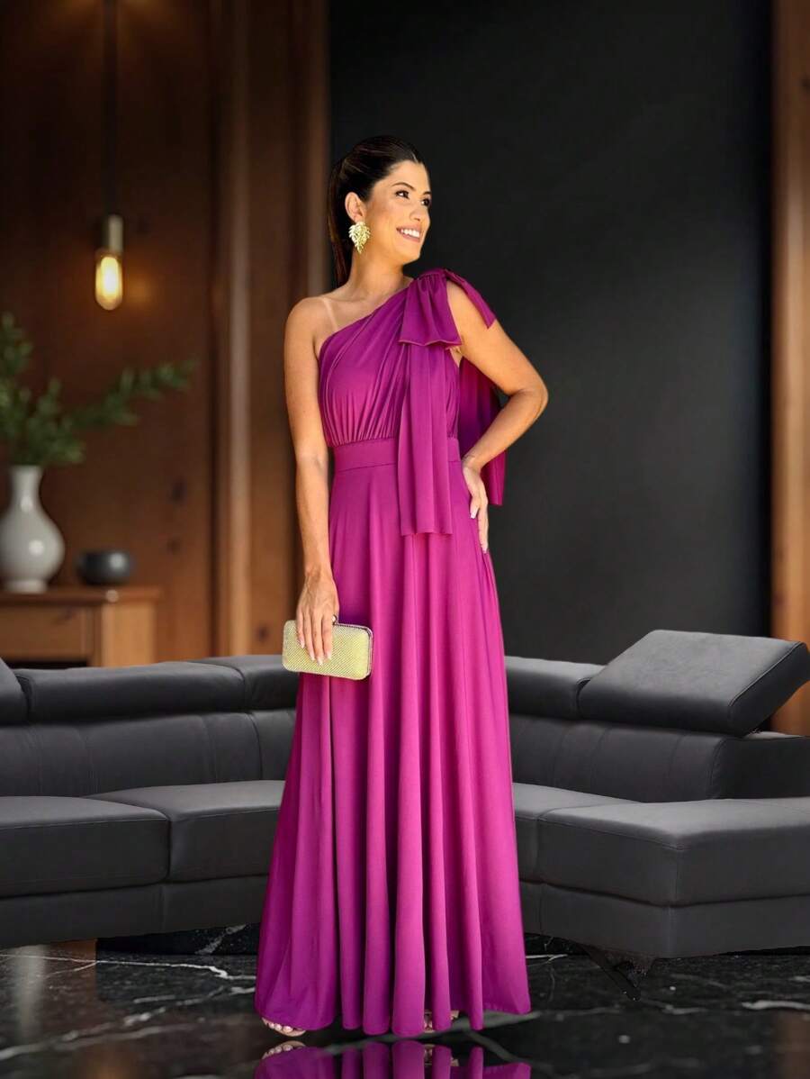 Long Party Dress With Lace, Lined Cups, Comfortable, Elegant, Simple - 玫瑰紅 - 查看 1