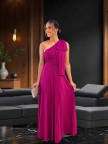 Long Party Dress With Lace, Lined Cups, Comfortable, Elegant, Simple - 玫瑰紅 - 查看 2