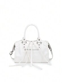 1 Pc White Splicing Rivets Inlaid Metal Zip Tassel Zip Decoration Retro PU Material Double Handles Adjustable Long Shoulder Strap Design Zip Closure Fashion Retro Sweet Cool Style Biker Bag Y2K Punk Style Square Bag Ladies Tote Bag Casual Quiet Luxury Style Ladies Slant Shoulder Bag Suitable For Daily Commuting Work Shopping Shopping And Other Use