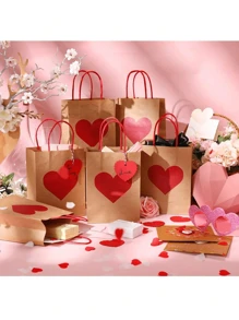 10/5Pcs Valentine's Day Gift Paper Bags Red Heart Party Favor Bags With Tags And Tissue Paper Brown Wrap Bags With Handles For Wedding Anniversary Party Decor Supply Valentine's Day - Multicolor - View 10