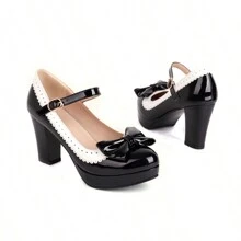 Mary Jane Shoes For Women Bow Lolita Shoes Kawaii Platform High Heels Dress Pumps Valentines - 黑色 - 查看 6