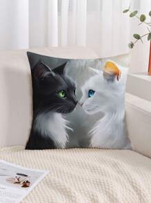 1pc Animal Little Cat Black And White Cat Print Cushion Cover, Modern Style Printed Plush Fabric Throw Pillow Sham For Living Room Sofa Home Decor, No Filling Gifts Birthday Graduation