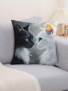 1pc Animal Little Cat Black And White Cat Print Cushion Cover, Modern Style Printed Plush Fabric Throw Pillow Sham For Living Room Sofa Home Decor, No Filling Gifts Birthday Graduation