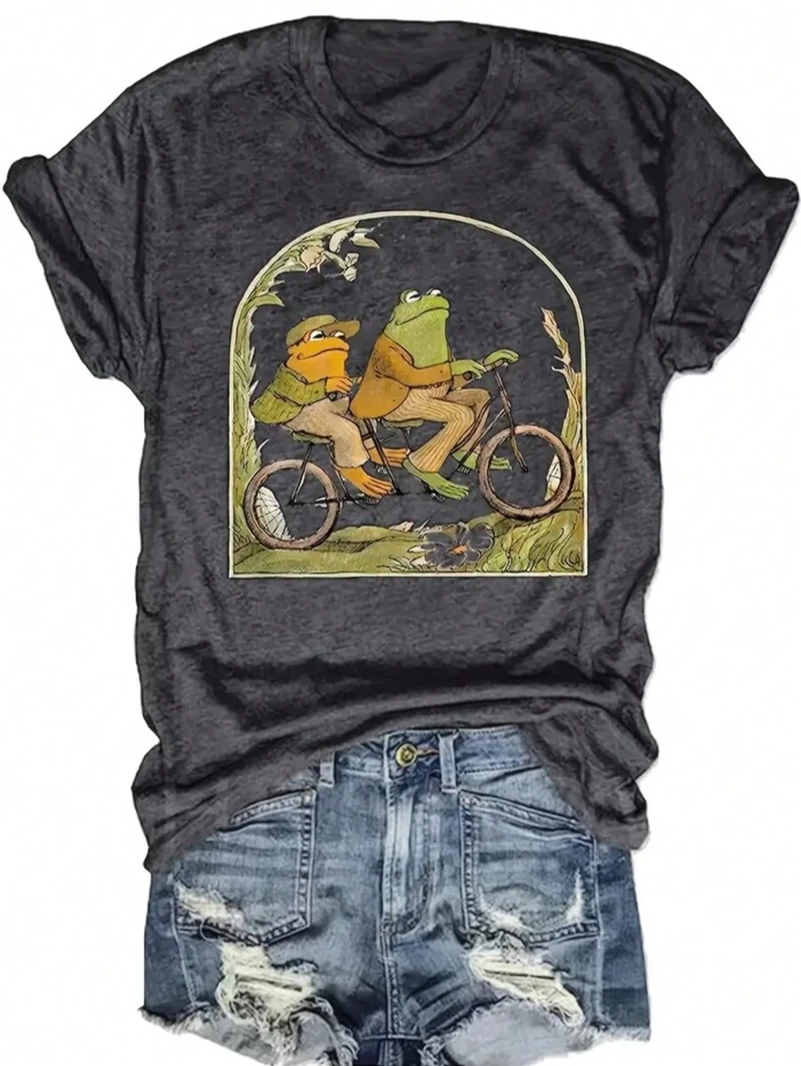 Vibrant Cartoon Frog Print Crew Neck T-Shirt - Soft Micro Elasticity Polyester Fabric, Regular Length, Casual Short Sleeve Top For Spring & Summer, Womens Fashion Clothing With Positioning Printing - 深灰色 - 查看 1