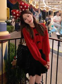 Top de manga larga con decoración de lazo, estilo lindo para principios de primavera y Año Nuevo. Se puede combinar con faldas y zapatos, adecuado para citas, parques de diversiones, vuelta al colegio y otras ocasiones en otoño, invierno y principios de primavera. (Solo se vende la Top/chaqueta) - Rojo - Ver 8