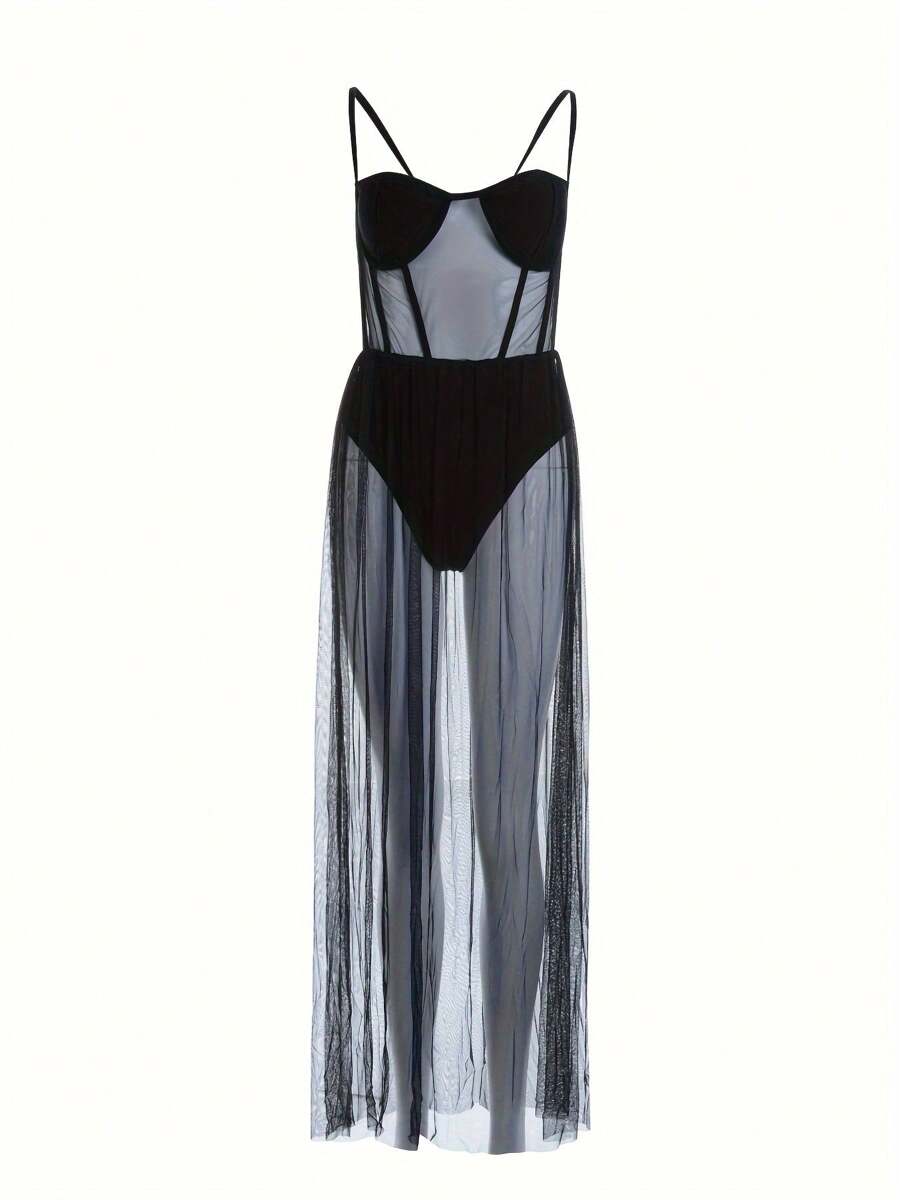 Female Dress, Solid Color Sleeveless Strappy One-Piece See-Through Dress For Women, Black/White - màu đen - Xem 1