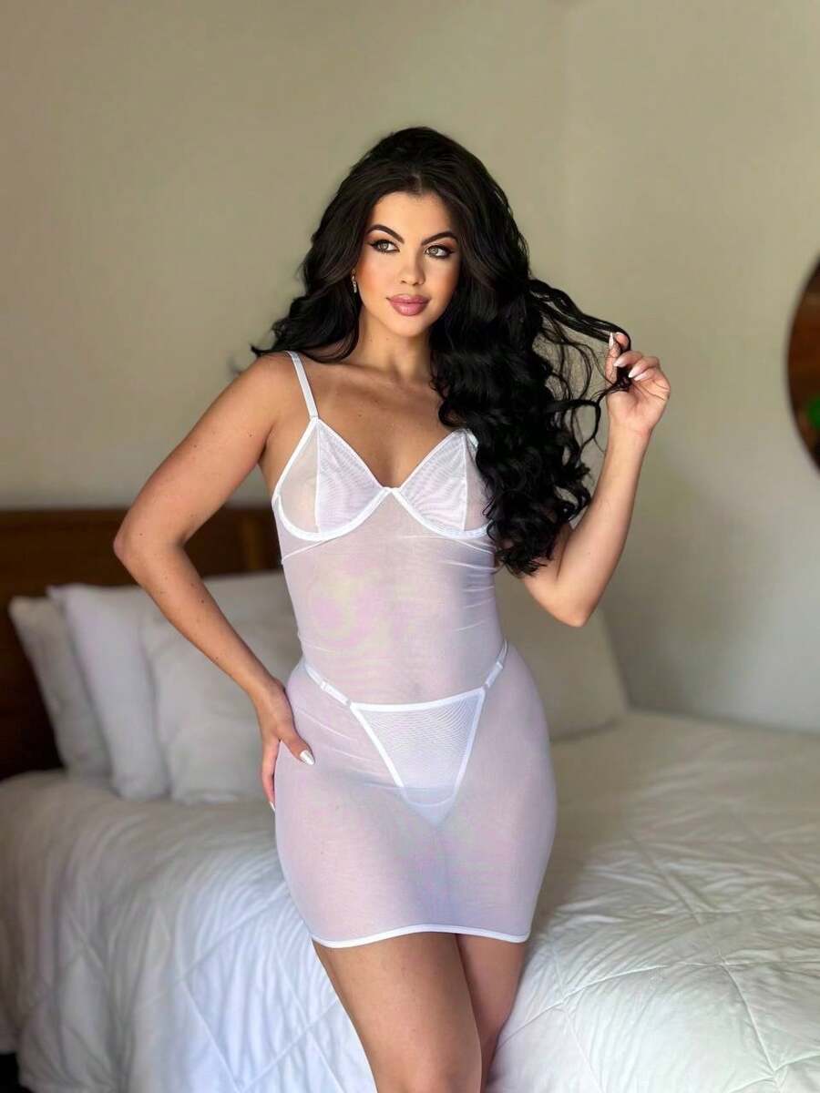 Camisola fita no bumbum com tanga fio pingente coração - Branco - Visão 1