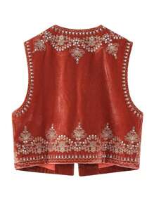 Women Vest, Sleeveless Open Front Embroidery Flower Sequined Outwear Gilet For Casual Street