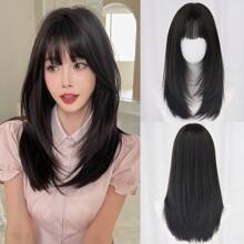 NAMM 22英寸深棕黑色分层直发合成假发，带刘海，柔软耐热，适合日常佩戴 - Dark Brown - 查看 10