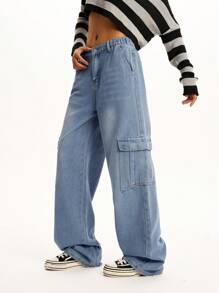 Vintage American Style Multiple Pockets Teen Girl Loose Fit Straight Leg Casual Jeans Pants - Blue - View 6