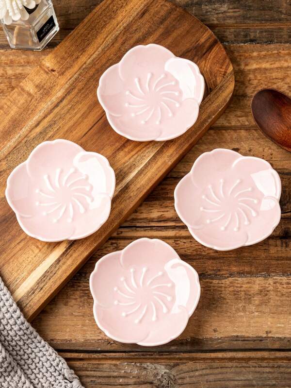 2/4pcs Sakura Flower Ceramic Sauce Dish, White & Pink Color Options, Japanese Style Ceramic Condiment Plate - Suitable For Soy Sauce, Vinegar, Hot Pot Dipping Sauce - Kitchenware, Elegant Small Dipping Bowl, Heatproof, Fit For Salad, Sushi, Fruit, Condiments, Appetizers, Kitchen, Restaurant, Sushi Shop