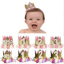 1 diadema de corona de princesa, decoraciones para fiestas de cumpleaños para niños de 1 a 3 años, el color de la flor en la corona varía de forma aleatoria, Navidad - Dorado - Ver 2