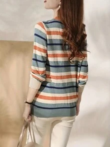 Damen-Strickpullover mit bunten Streifen, elegant für den Arbeitsweg, Lässig Kleidung, Cut Out