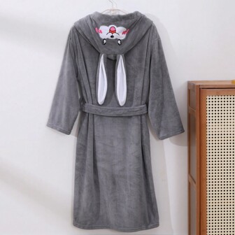 1pc Coral Fleece 3D Rabbit Ear Embroidered Hooded Bathrobe Sleepwear, With Pockets & Belt, Soft, Absorbent, Warm For Bathroom & Pool