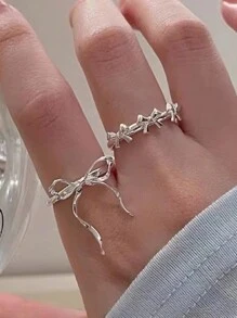 2 piezas Anillos de cinta de lazo en color plateado romántico y adorable estilo Y2K para mujer, anillos de dedo abiertos con líneas geométricas exquisitas, regalo de joyería - corbata de moño - Ver 8