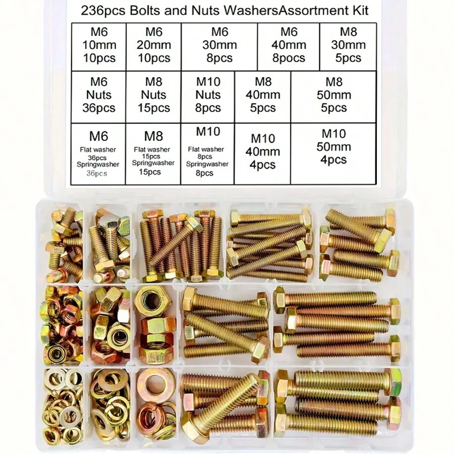 236pcs Assorted Colored Zinc M6 M8 M10 Hex Bolts, Nuts And Washers Kit, Heavy-Duty Bolt And Nut Assortment Set - Yellow - View 1