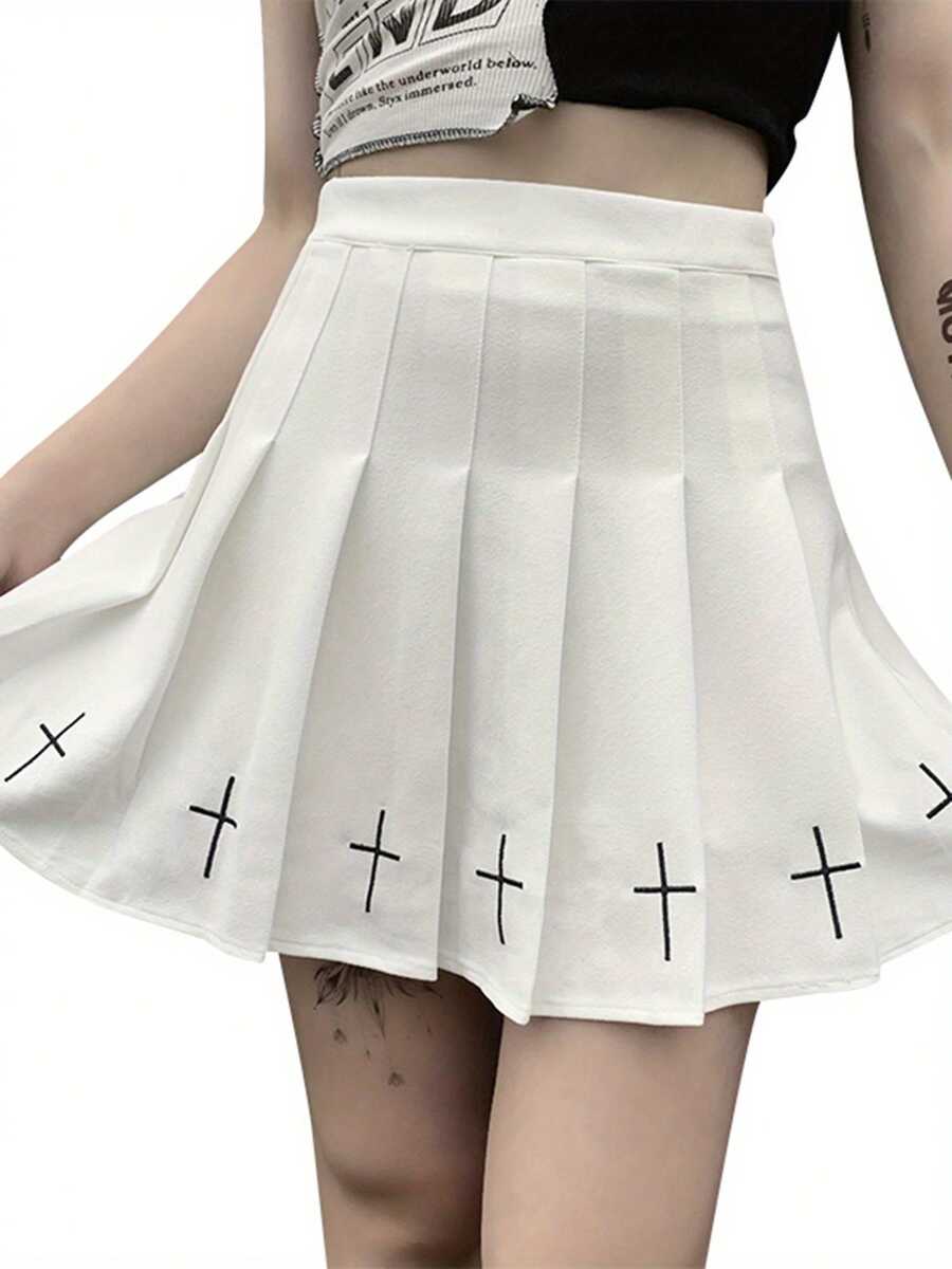 Women High Waist Gothic Punk Mini Skirts, Ladies Cross Pattern Mini Pleated Skirt - White - View 1