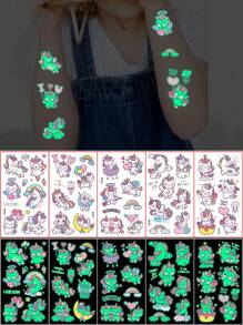 5 Blatt leuchtende Temporäre Tattoo Aufkleber im Dunkeln für Kinder, wasserfeste Einhorn Cartoon Design Tattoo Aufkleber für Kinder, leuchtende Fake Tattoos für Hand und Körper-Make-up, gut geeignet für Geburtstagsparty