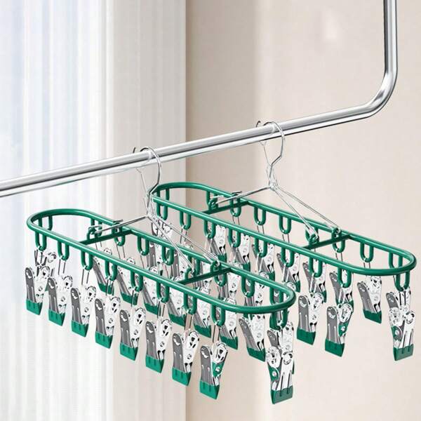 1 pieza Colgador de calcetines de acero inoxidable con 10-20 pinzas, secadora de ropa de balcón, tendedero multiclip de acero inoxidable antiviento y antideslizante para ropa interior y ropa